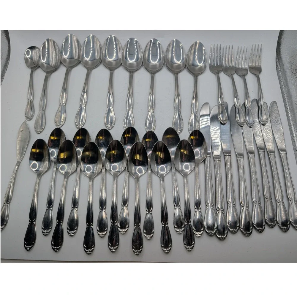 Vtg Hanford Forge Carolyn Flatware Stainless Steel Floral Scroll 36pc Korea